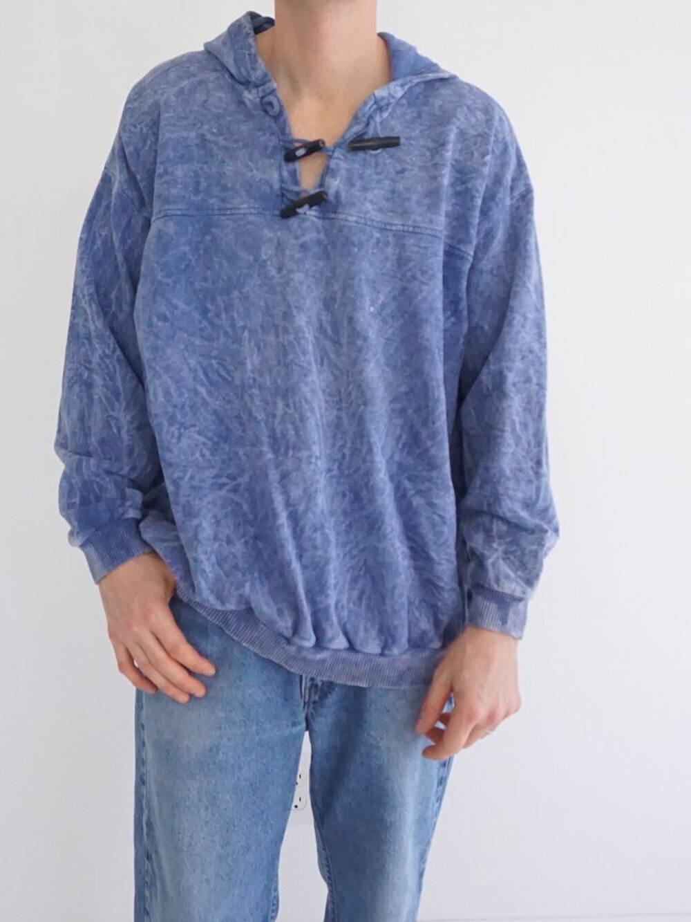 Second Wind Blue Speckled Lace Up Mineral Wash Skate Surf Hoodie Drawstrings XL